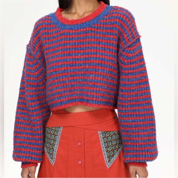 Zara Red Blue Striped Cropped Chunky Knit Long Ballon Sleeves Knit Sweater Small - Picture 1 of 7